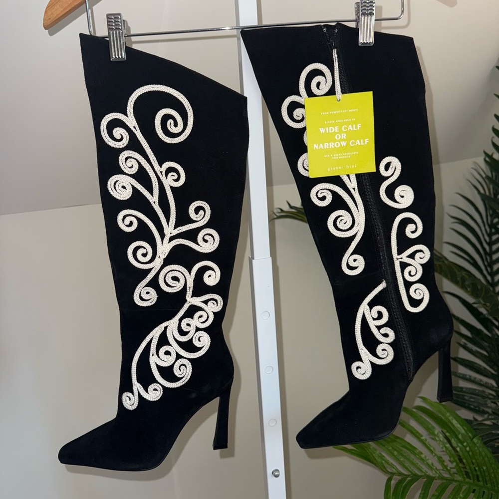 Gianni Bini‎ AUDRINA Black Suede Tall Boots with White Soutache Embroidery